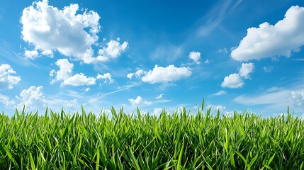 Fototapeta premium Lush Green Grass Field Under a Bright Blue Sky with White Clouds