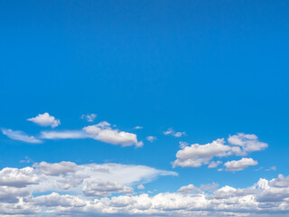 Abstract blue sky background scene with white fluffy cloud with space, horizontal style. Cloudy floating scattered and blowing with the nature wind on the horizon sky.