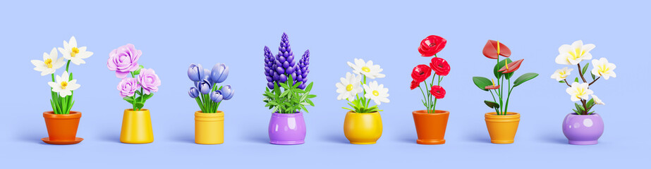 Flowers in pot cartoon 3d render icon set. Flowerpot with plumeria tree, rose, tulip, poppy, daisy, lupine. Spring floral blossom with green leaf. Home or office interior decor plants. 3D illustration