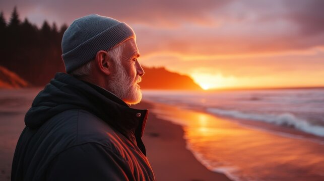 Senior man taking a brisk walk on a beach during sunrise, calm and refreshing atmosphere