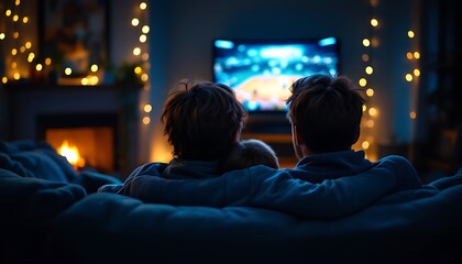 Family Movie Night Cozy Living Room Warm Lights Television Screen