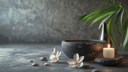 Obraz na płótnie Canvas Spa-inspired setup with stones, plumeria flowers, and a candle