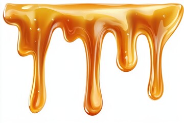 Melted Caramel Sauce Drips Isolated on White Background.