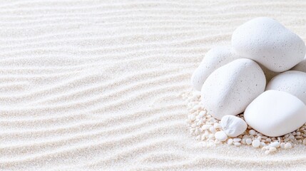 White stones on textured sand; zen garden; peaceful background; spa or meditation imagery