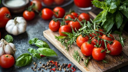 Fresh tomatoes and herbs on a rustic wooden cutting board