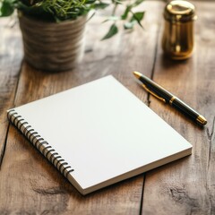 Mockup of blank notepad and pen, placed on a rustic wooden desk. Open empty notebook template