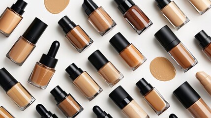 Obraz premium Close-up of various shades and shapes of liquid foundation bottles with beige-colored smears on a white background, top view