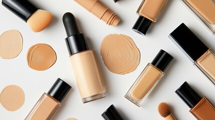 Obraz premium Close-up of various shades and shapes of liquid foundation bottles with beige-colored smears on a white background, top view