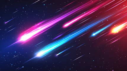 Falling or flying comet or meteor with colorful dust and smoke trail with light glowing effect. Realistic vector illustration set of space object or rocket motion vfx with fireball and steam tail.