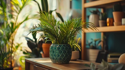 Fototapeta premium Indoor garden with tropical plants arranged on wooden shelves