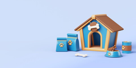 Pet sitter service 3d banner. Dog house with bowl, feed bag, tin can, bone on blue background render. Offer pet sitting business. Help to care and walking for domestic animals concept. 3D illustration