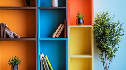 Colorful modern bookshelf with plants and decor items