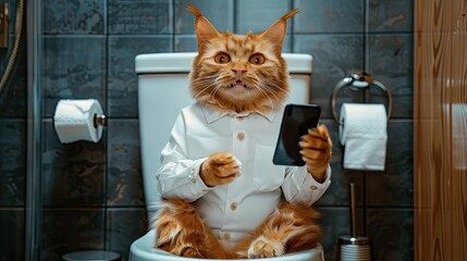 A cute, smiling orange cat sitting on an open toilet bowl, holding a smartphone in its paw