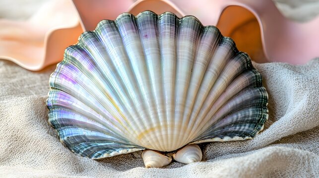 Stunning iridescent scallop shell on fabric, ocean beach seashell