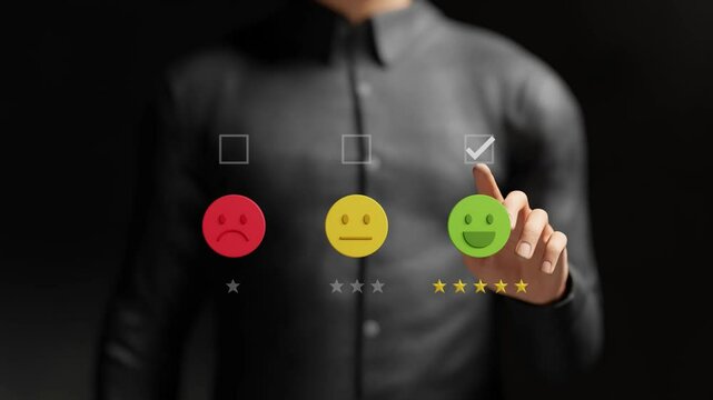 Close up of customer giving five star rating on virtual screen. Customer evaluation feedback, happy experience, positive review, online service rating, customer satisfaction. 4K 3D video animation