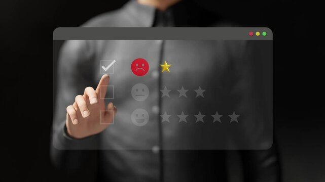 Customer dissatisfaction concept. Bad review, dislike service or negative feedback, angry 1 star review, low online rating. Unhappy man giving 1 star rating on virtual screen. 4K 3D video animation