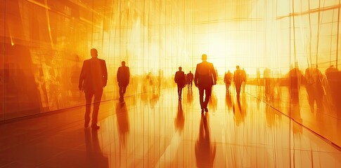 Fototapeta premium A blurry photograph of business people walking in the lobby at sunset, a glass building with orange light coming from inside. Blurred silhouettes against the background of an office space