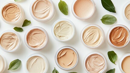 Photo of foundation liquid in different shades on a white background, top view