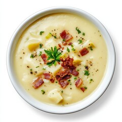 A bowl of creamy potato leek soup with crispy bacon, isolated white background, modern art style