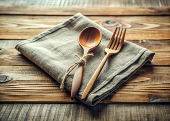 Fototapeta premium Rustic Wooden Table Setting: Spoon, Fork, and Linen Napkin - Utensil & Kitchenware Concept