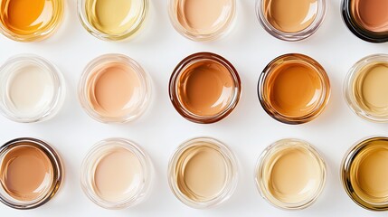 Photo of foundation liquid in different shades on a white background, top view