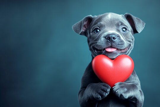 Ad creative. Staffordshire bull terrier - my desired dog. Cute staffordshire bull terrier pooch with animal toy red heart - sign of love, funny greeting card. Valentine's theme photos.