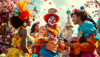 Fototapeta premium Vibrant spring carnival celebration with diverse performers in colorful costumes and blooming trees