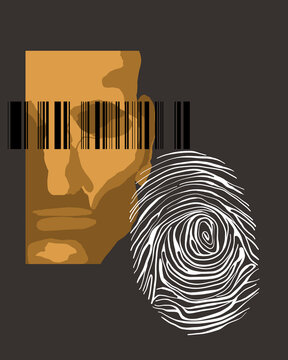 Abstract illustration of a man's face with a barcode and fingerprint symbolizing identification and control