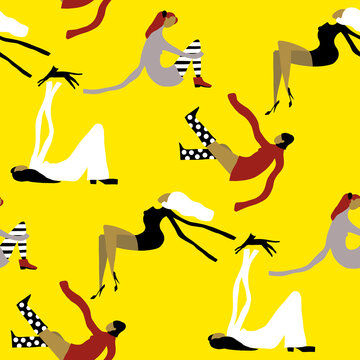 Seamless pattern with comic women on yellow background in cartoon style