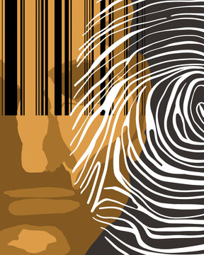 Abstract illustration of a man's face covered with a barcode and large fingerprint representing identification and control concept