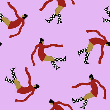 Seamless pattern with comic woman on purple background in cartoon style