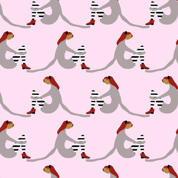 Seamless pattern with comic woman on pink background in cartoon style