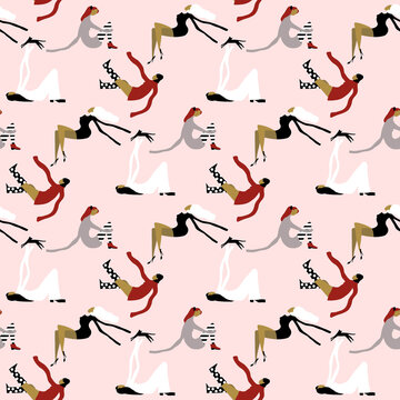 Seamless pattern with comic women on pink background in cartoon style