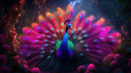 A biomechanical peacock with iridescent metallic feathers and holographic tail patterns, displaying in a neon-lit cyber garden