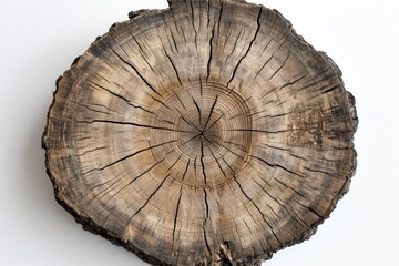 Cross-sectioned tree trunk, wood grain detail, studio shot, white background, nature texture