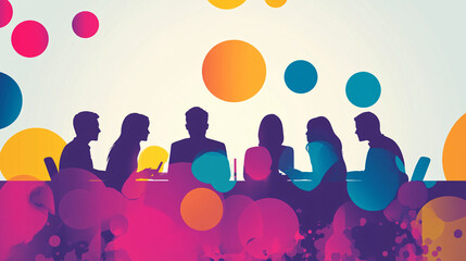 Silhouetted figures of business professionals sitting around a conference table engaged in discussion with colorful abstract circles in the background
