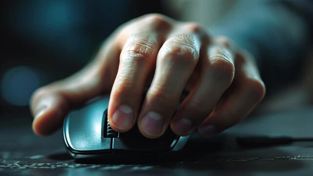 Close-up of a hand using a computer mouse on a dark desk with blurred background details
