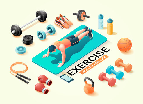 Fitness Exercise Conceptual Banner. Man Wear a tank top exercising, push-ups fitness minimal vector isometric illustration - Powered by Adobe