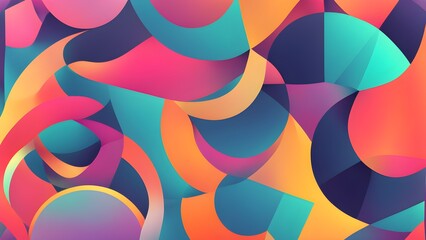 Obraz premium Abstract background with overlapping vibrant colorful shapes and gradients in teal, pink, orange, and purple hues.