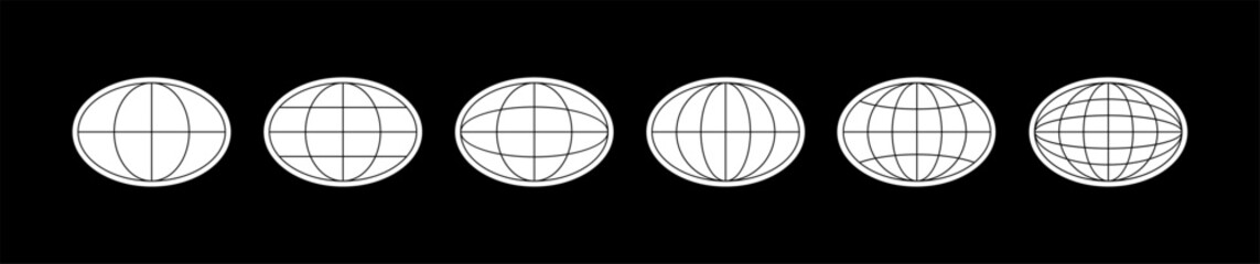 World globe grids in oval form. Linear striped spheres, earth latitude and longitude line grid. Retro futuristic design elements. Vector illustration.