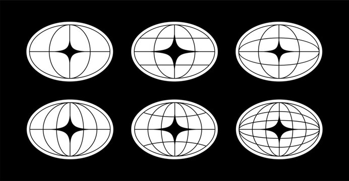 World globe grids in oval form with stars shapes. Linear striped spheres, earth latitude and longitude line grid. Retro futuristic design elements. Vector illustration.