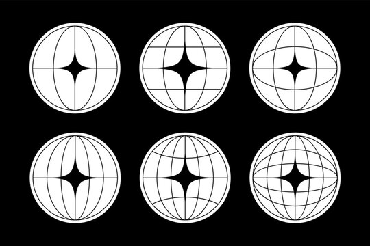 World globe grids in circle form with stars shapes. Linear striped spheres, earth latitude and longitude line grid. Retro futuristic design elements. Vector illustration.