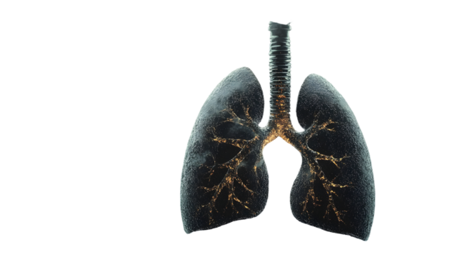 Pollution and lung disease concept, heavy polluted air impact on lungs causing cancer and multiple illnesses, respiratory system collapse 3d rendering