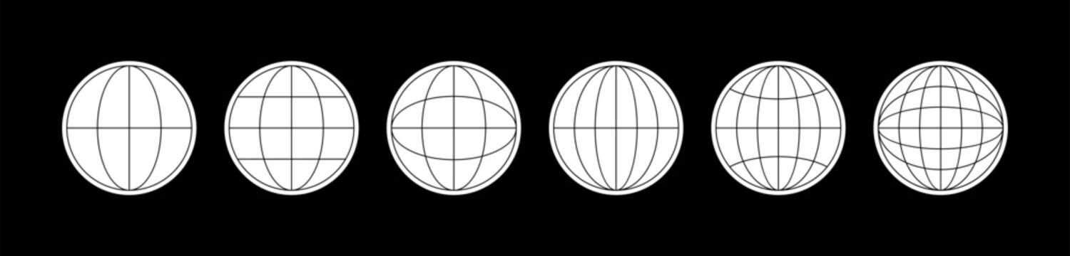 World globe grids in circle form. Linear striped spheres, earth latitude and longitude line grid. Retro futuristic design elements. Vector illustration.