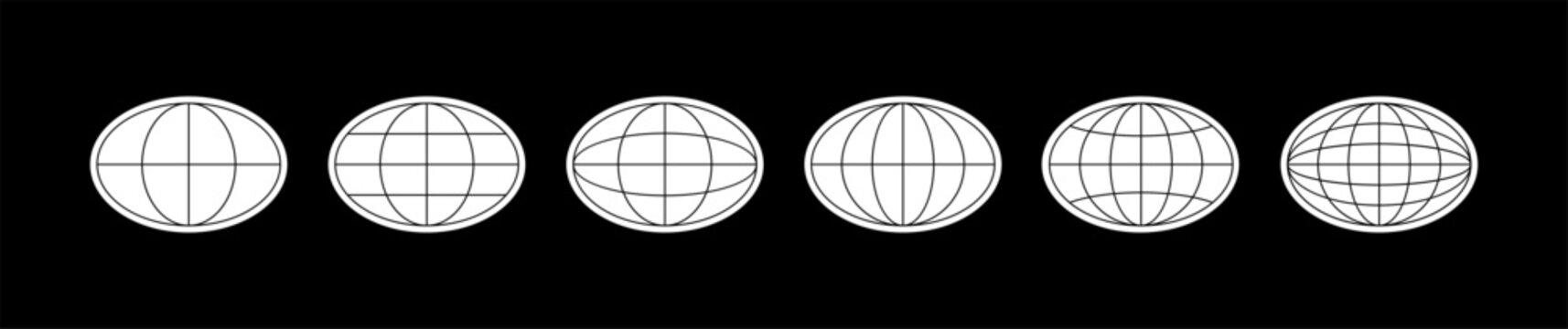 World globe grids in oval form. Linear striped spheres, earth latitude and longitude line grid. Retro futuristic design elements. Vector illustration.