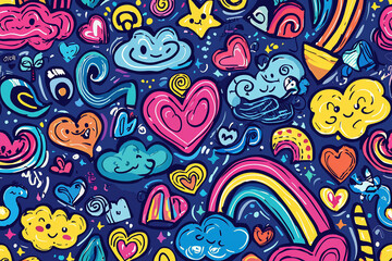 Naklejka premium Colorful and whimsical doodles of clouds, hearts, and rainbows on a dark background creating a joyful scene