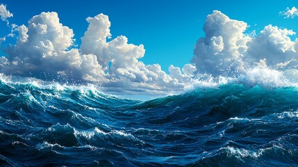 Majestic Ocean Waves Under Bright Blue Sky with Fluffy Clouds