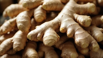 Fresh ginger roots piled together at a local market in the morning light