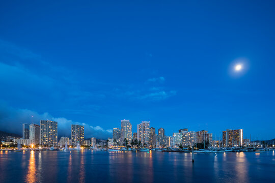 USA, Hawaii, Oahu, Honolulu and Ala Wai Boat Harbor at blue hour
