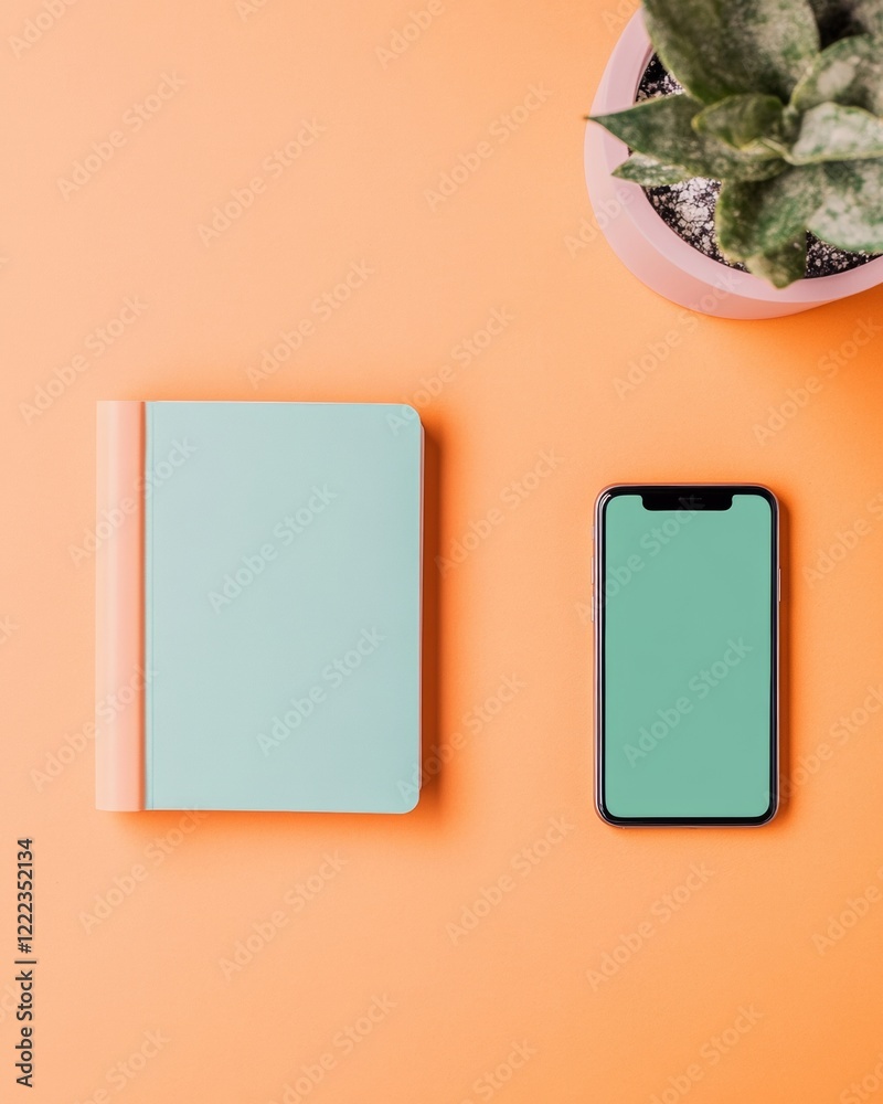 Poster pastel workspace harmony colorful planner and smartphone on coral background - hybrid productivity t